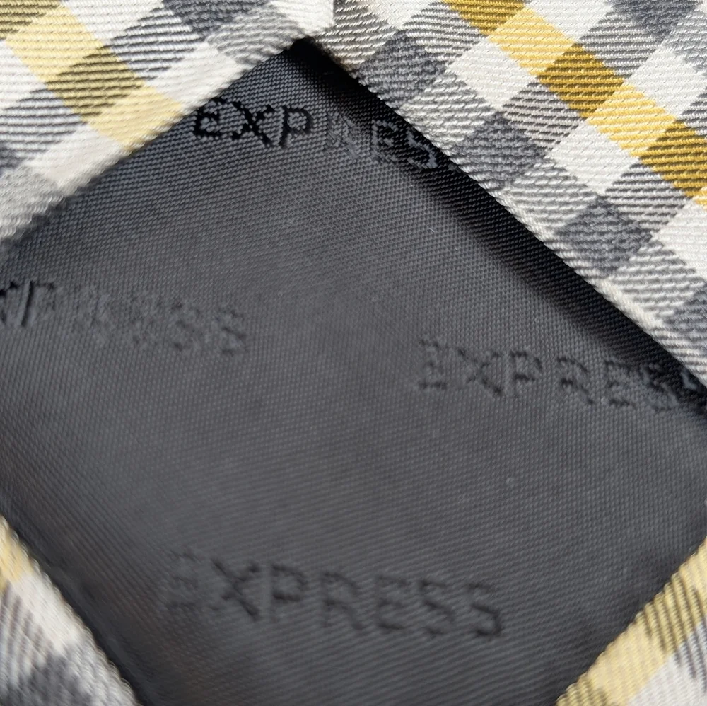 Express Men’s Skinny Plaid Tie Yellow Gray White Silk Blend